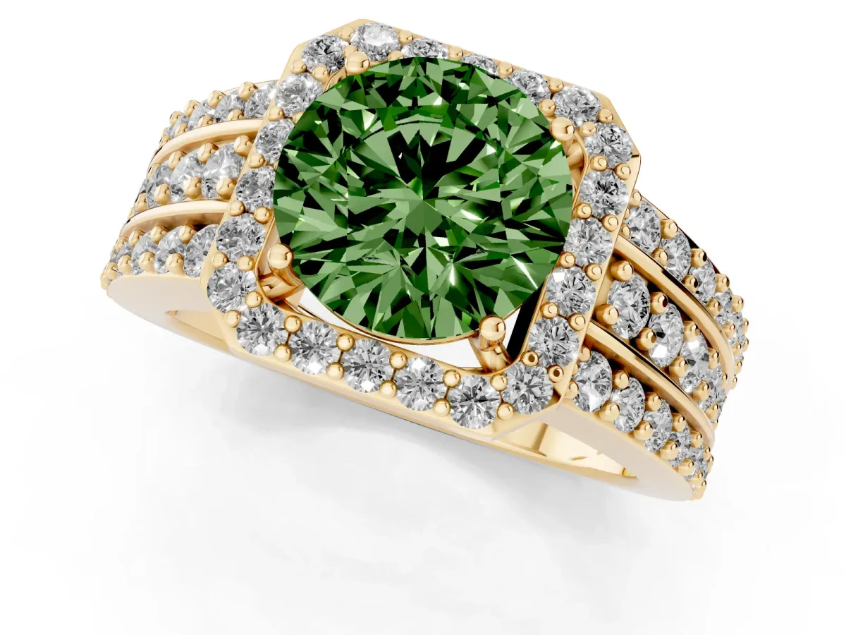 Fancy Green Round Cut Halo Diamond Ring with Round Split Shank and Prong Setting Yellow gold