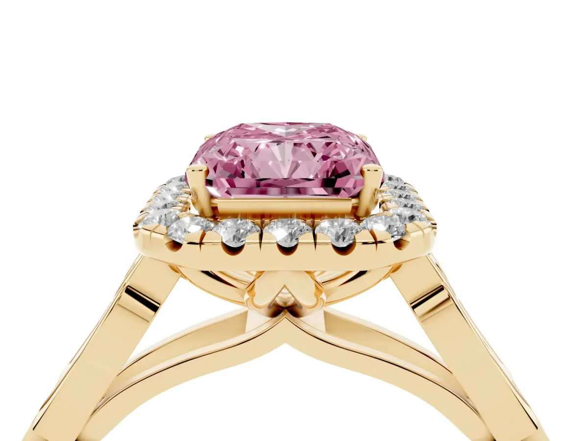 Fancy Pink Radiant Cut Halo Diamond Engagement Ring with Filigree Band and Four-Prong Setting Yellow gold