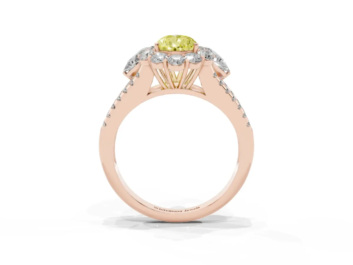 Fancy Yellow Pear Cut Halo Split Shank Diamond Engagement Ring with Prong Setting Rose gold