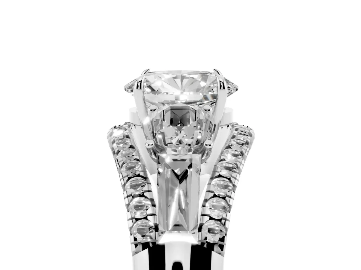 Three-Stone Oval Cut Diamond Engagement Ring with Pave Band and Prong Setting Silver