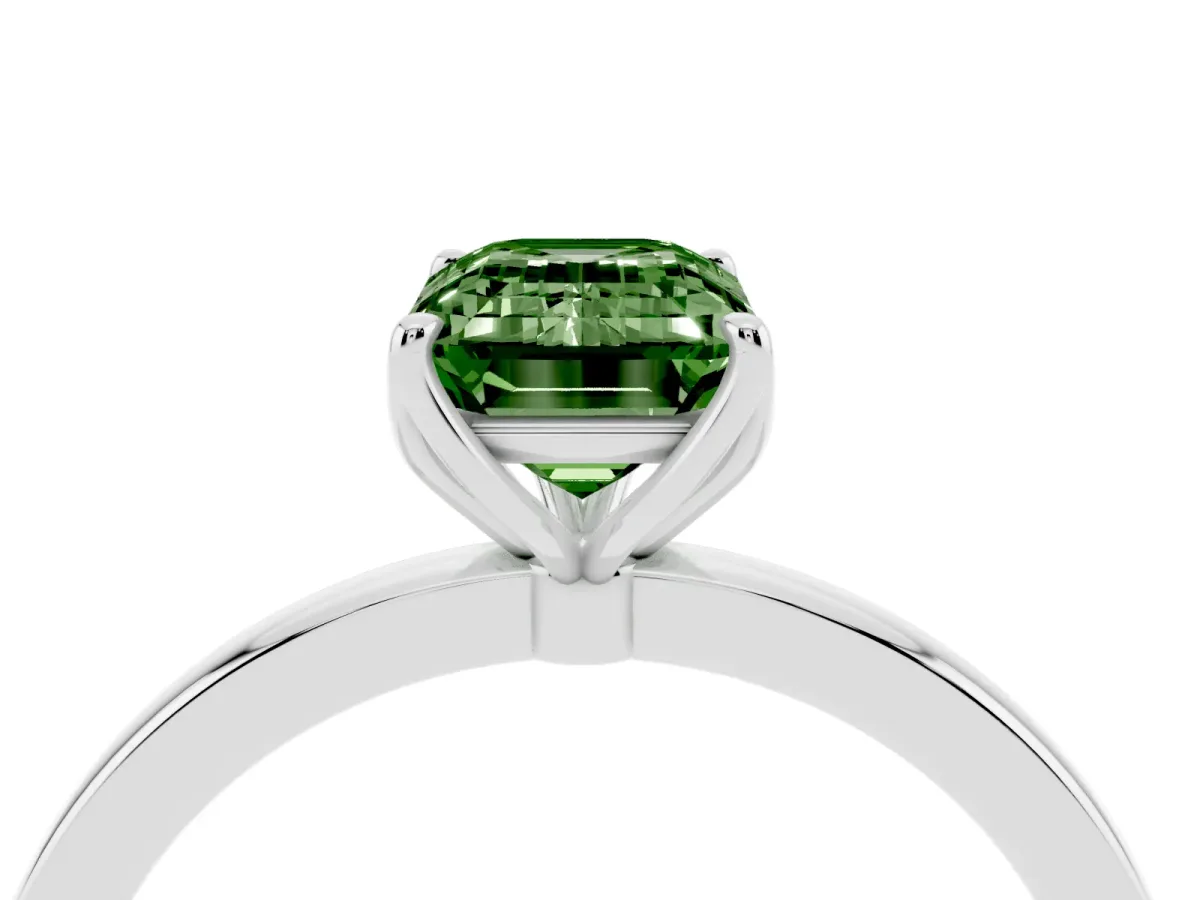 Fancy Green Emerald Cut Diamond Solitaire Ring with Thin Band and Prong Setting Platinum