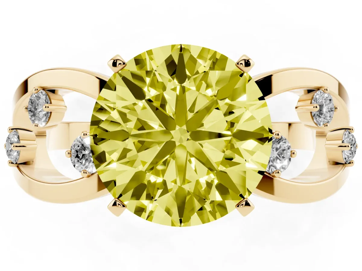 Fancy Yellow Round Cut Cut Solitaire Diamond with Side Stones on Criss-Cross Band and Four-Prong Setting Yellow gold