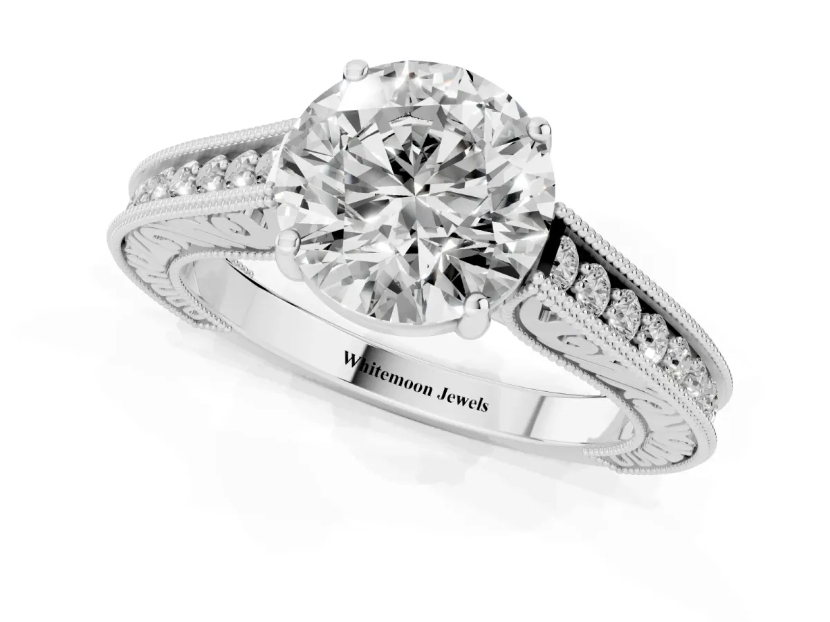 Round Cut Cut Pave Band Milgrain Solitaire Ring White gold