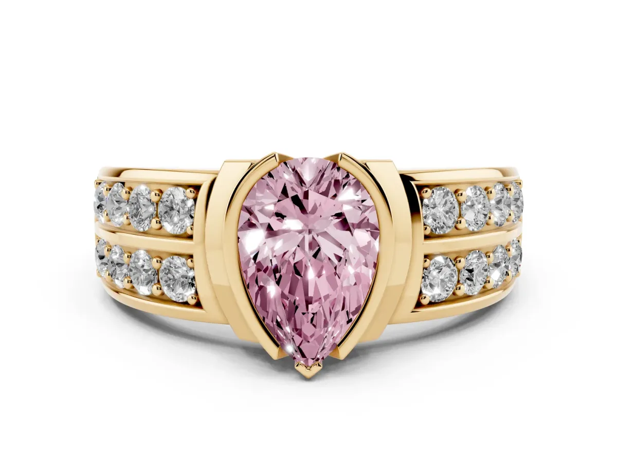 Fancy Pink Pear Cut Brilliant Diamond Channel Set Wide Band Ring with Bezel Setting Yellow gold