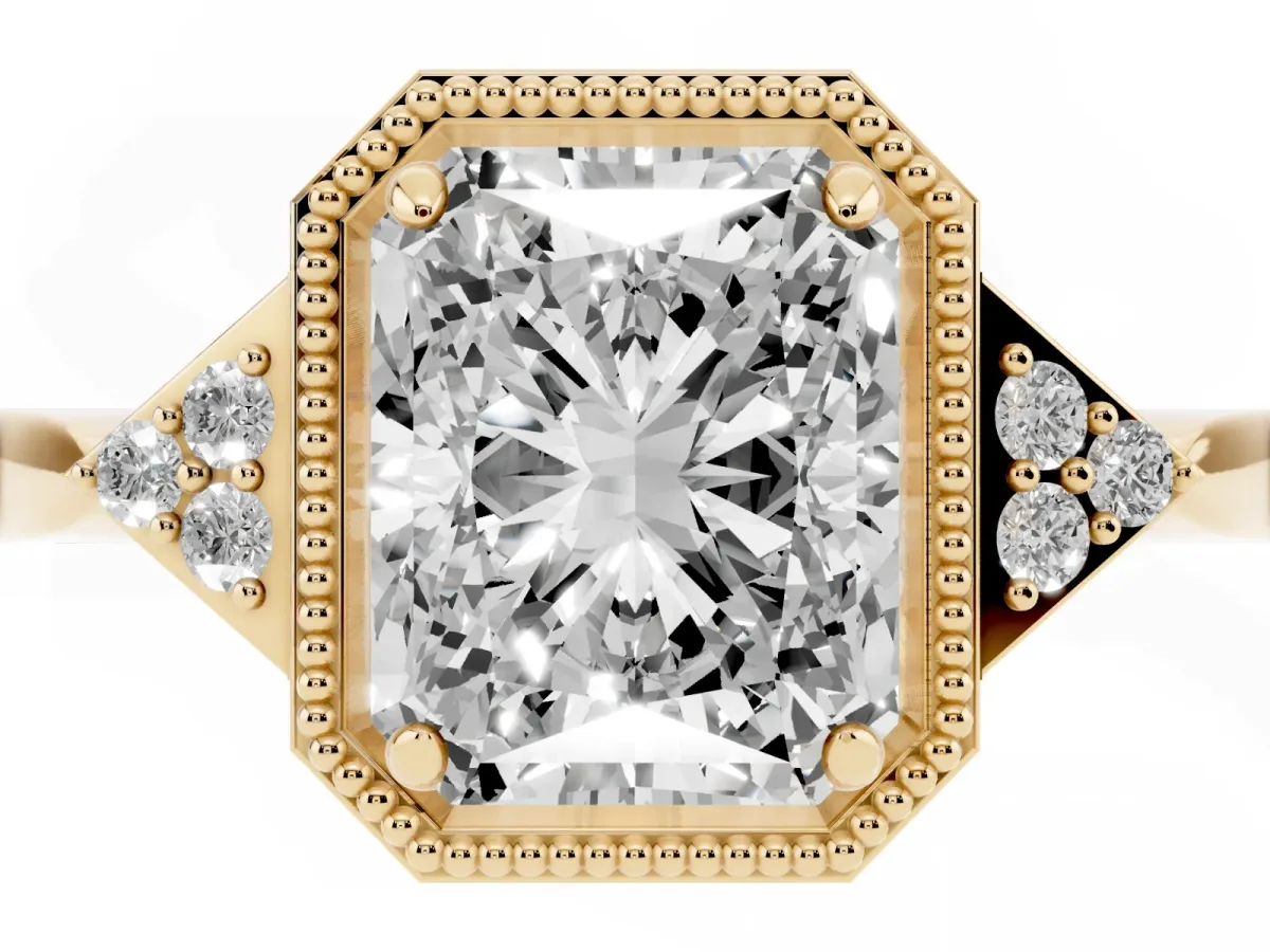 Hexagonal Halo Radiant Cut Diamond Solitaire with Pavé Band and Four-Prong Setting Yellow gold