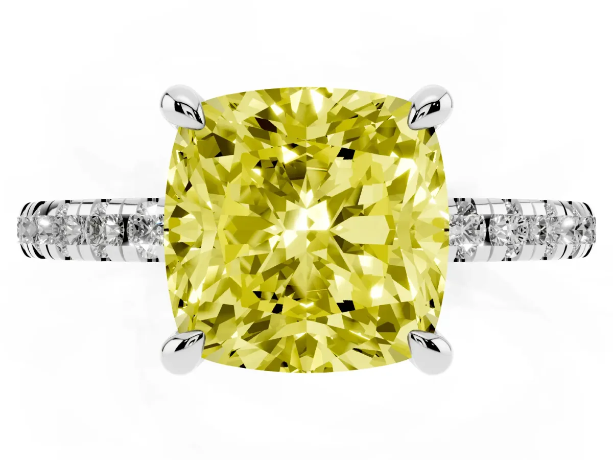 Fancy Yellow Cushion Cut Diamond Brilliant Solitaire Ring with Pavé Band and Four-Prong Setting Platinum