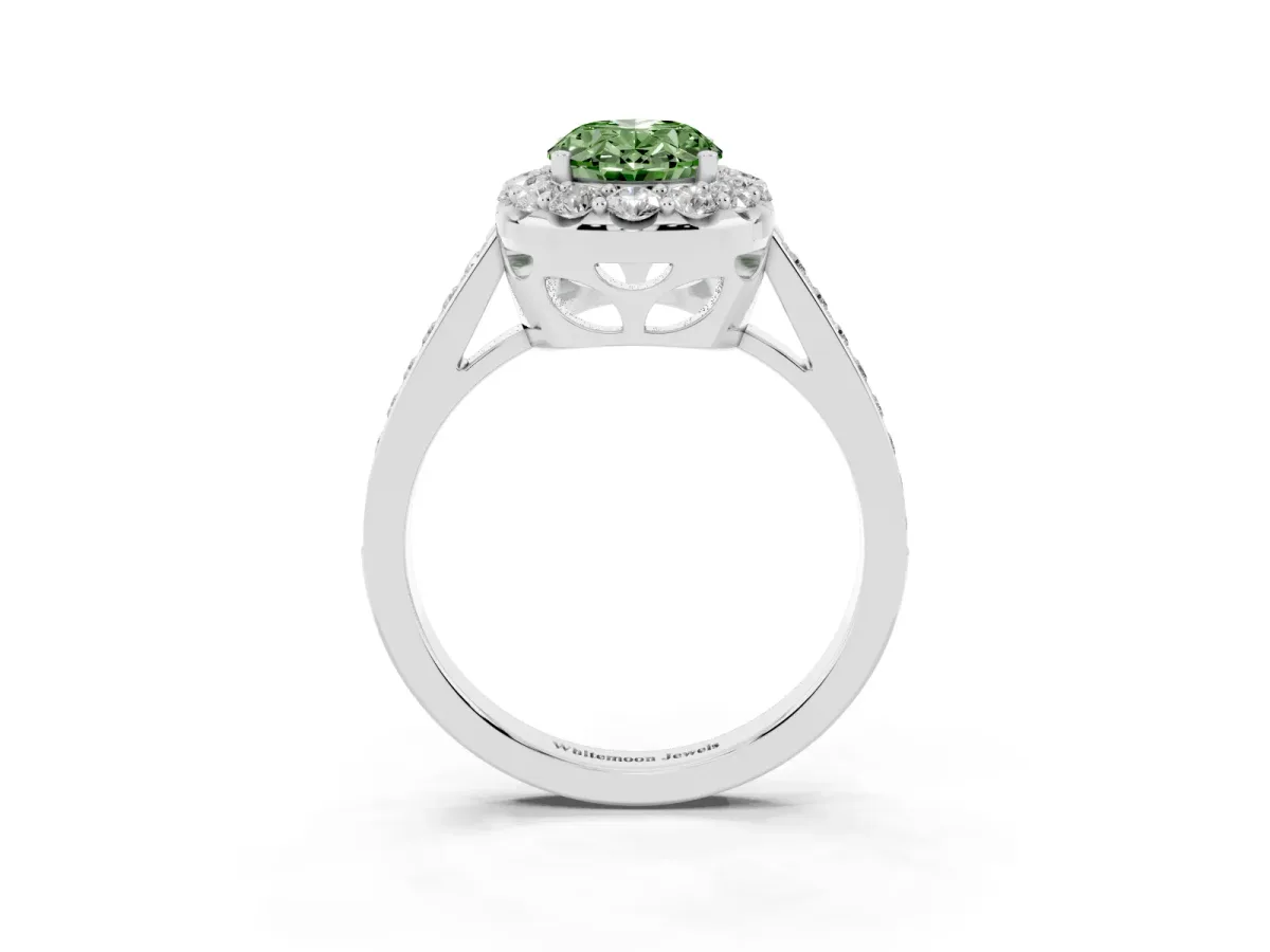 Fancy Green Oval Cut Diamond Floral Halo Ring with Pavé Band and Prong Setting White gold