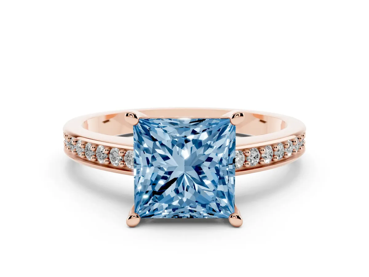 Fancy Blue Princess Cut Solitaire Pavé Band Prong Setting Ring Rose gold