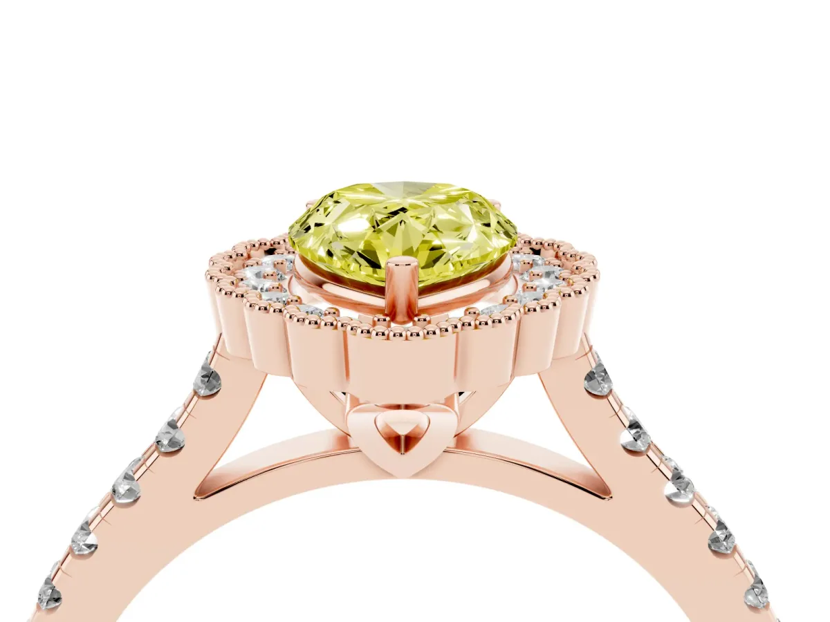 Fancy Yellow Pear Cut Cut Diamond Milgrain Floral Halo Engagement Ring with Pavé Band Rose gold