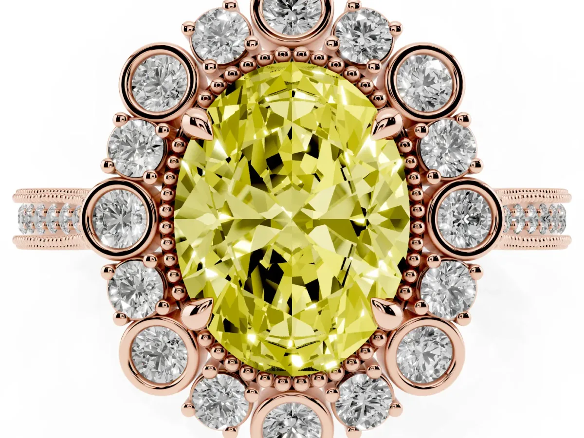 Fancy Yellow Oval Cut Halo Milgrain Pave Diamond Ring with Four-Prong Setting Rose gold