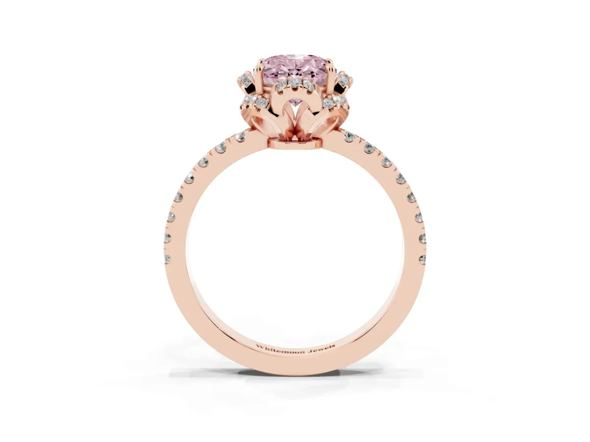 Fancy Pink Oval Cut Halo Diamond Pave Band Ring with Four-Prong Setting Rose gold