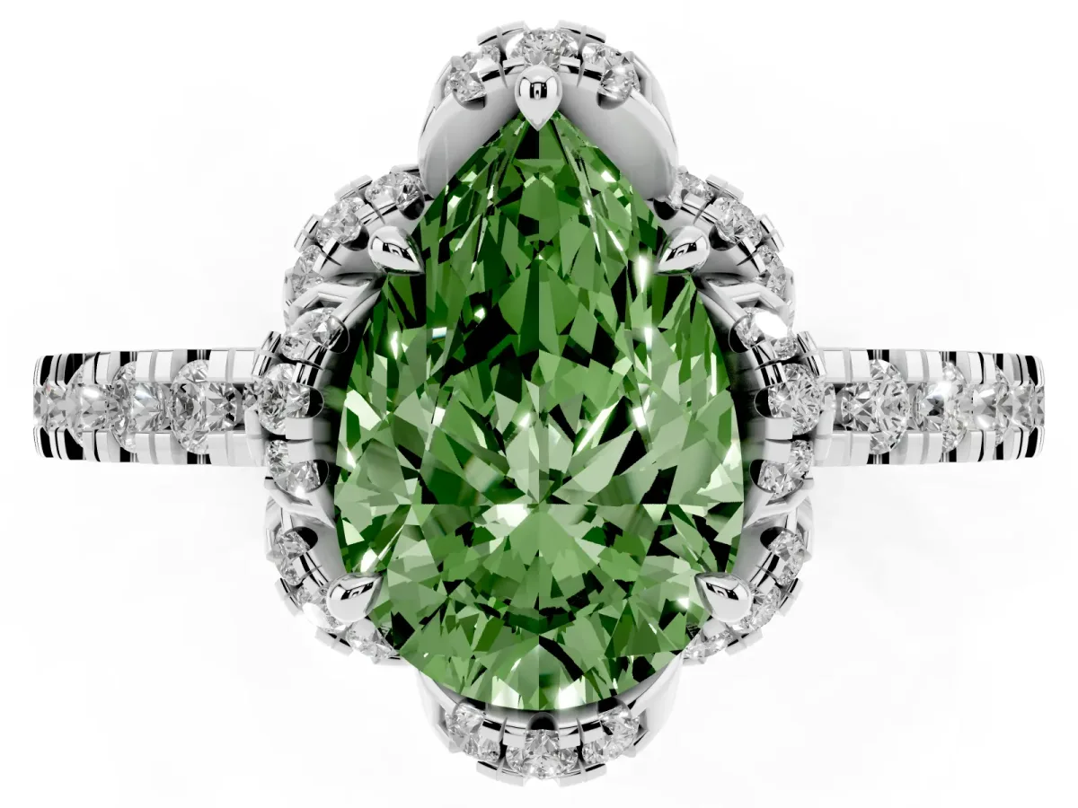 Fancy Green Pear Cut Diamond Halo Pave Band with Four-Prong Setting Silver