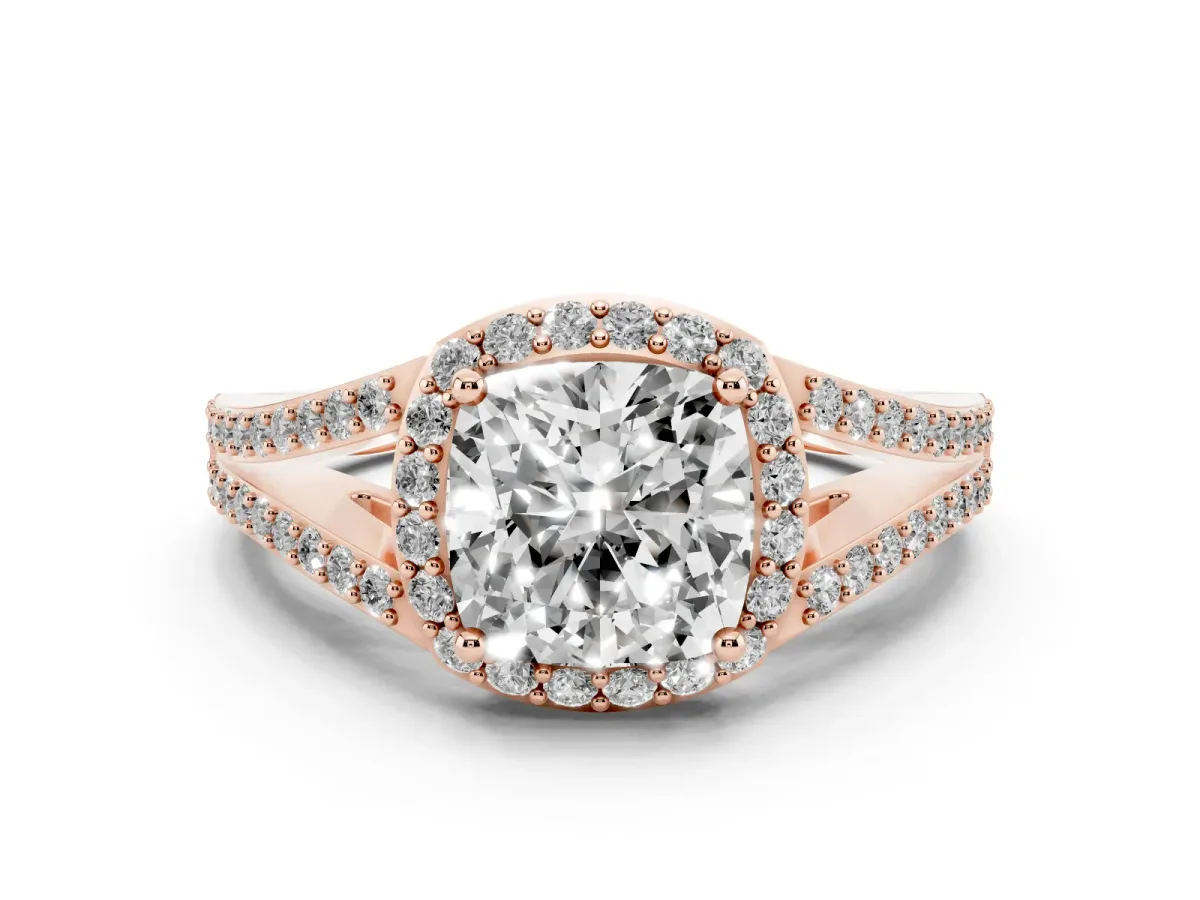 Cushion Cut Halo Split Shank Diamond Ring with Prong Setting Rose gold
