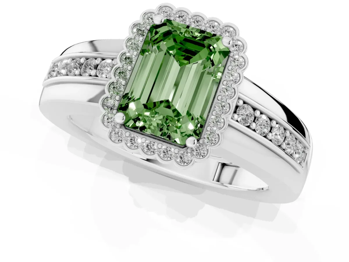 Fancy Green Emerald Cut Cut Halo Pave Band Four-Prong Ring Silver