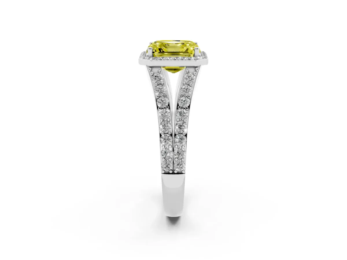 Fancy Yellow Asscher Cut Diamond Split Shank Halo Ring with Four-Prong Setting White gold