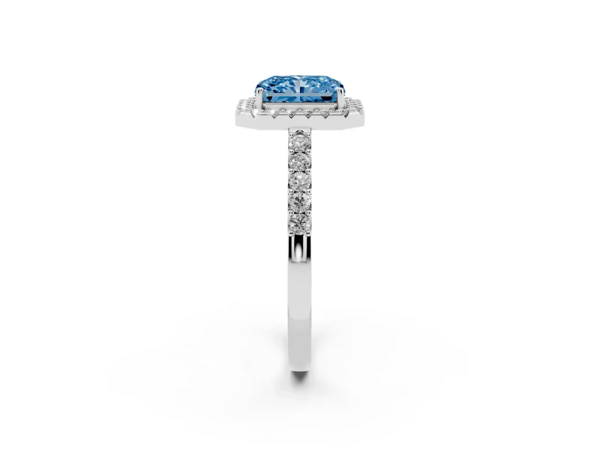 Fancy Blue Radiant Cut Halo Diamond Pavé Solitaire Ring Silver