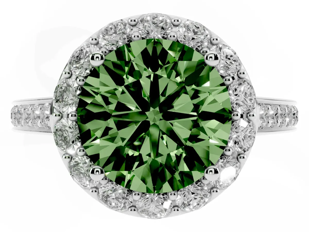 Fancy Green Round Cut Diamond Floral Halo Ring with Pavé Band and Prong Setting Silver