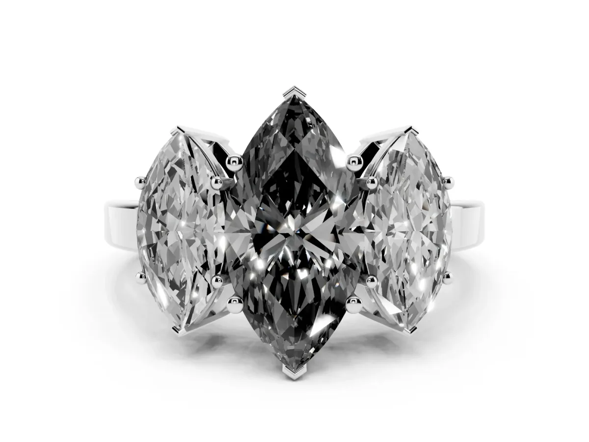 Fancy Black Three-Stone Marquise Cut Cut Diamond Engagement Ring with Flat Band and Four-Prong Setting Silver