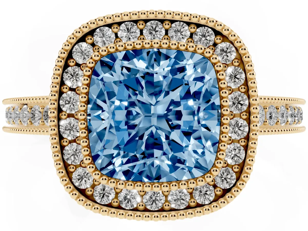 Fancy Blue Cushion Cut Cut Halo Diamond Ring with Pavé Band and Milgrain Prong Setting Yellow gold
