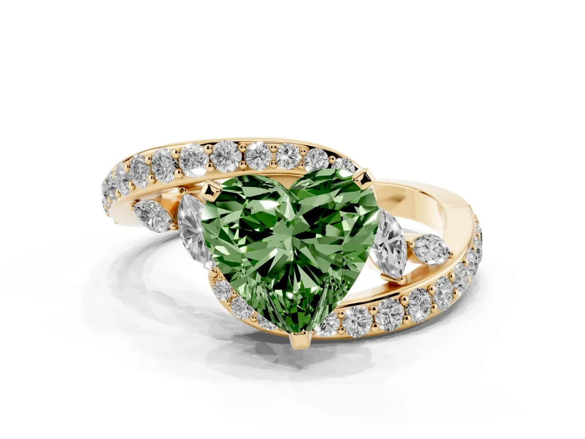 Fancy Green Heart Cut Solitaire with Pavé Twist Band and Four-Prong Setting Yellow gold