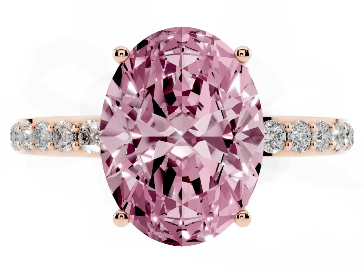 Fancy Pink Oval Cut Diamond Solitaire Ring with Pavé Band and Hidden Halo Rose gold