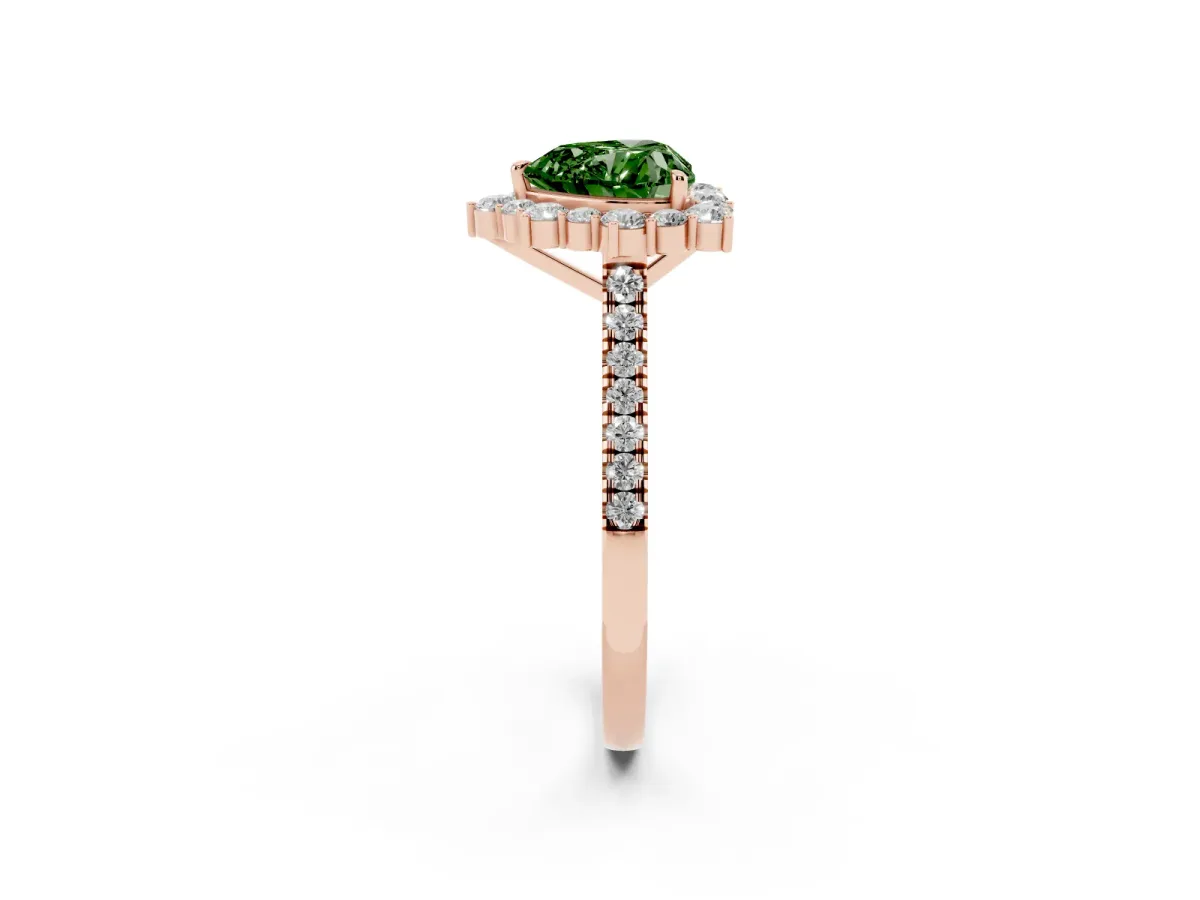 Fancy Green Heart Cut Halo Diamond Ring with Pavé Band and Prong Setting Rose gold