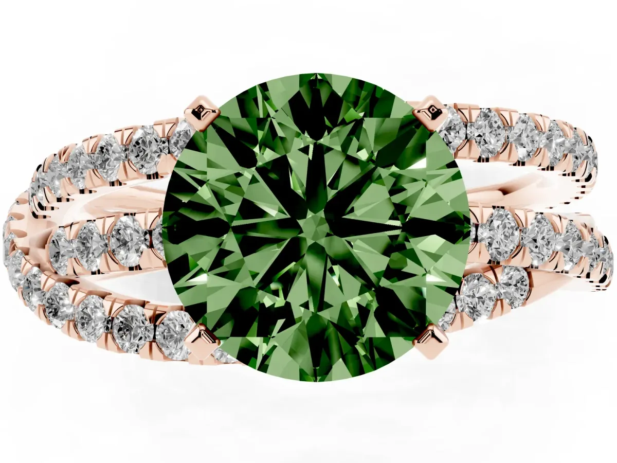 Fancy Green Round Cut Solitaire Twist Band with Pavé Setting and Four-Prong Setting Rose gold
