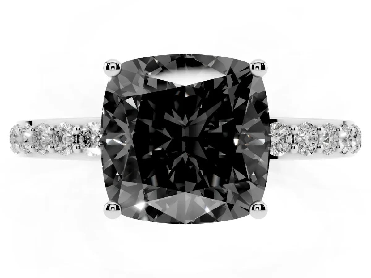 Fancy Black Cushion Cut Diamond Solitaire Ring with Pavé Band and Hidden Halo Silver
