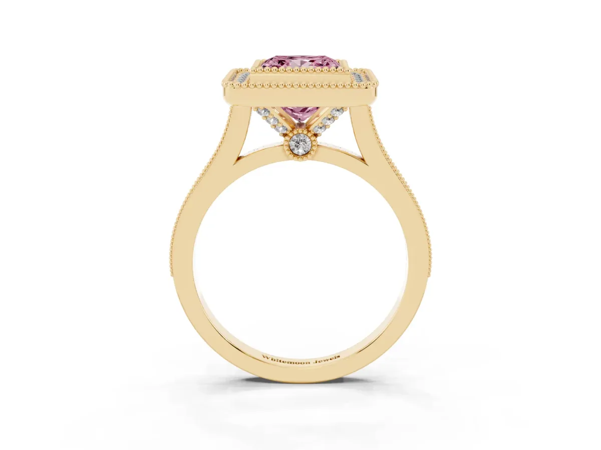 Fancy Pink Princess Cut Diamond Halo Ring with Milgrain Frame and Pavé Band Yellow gold
