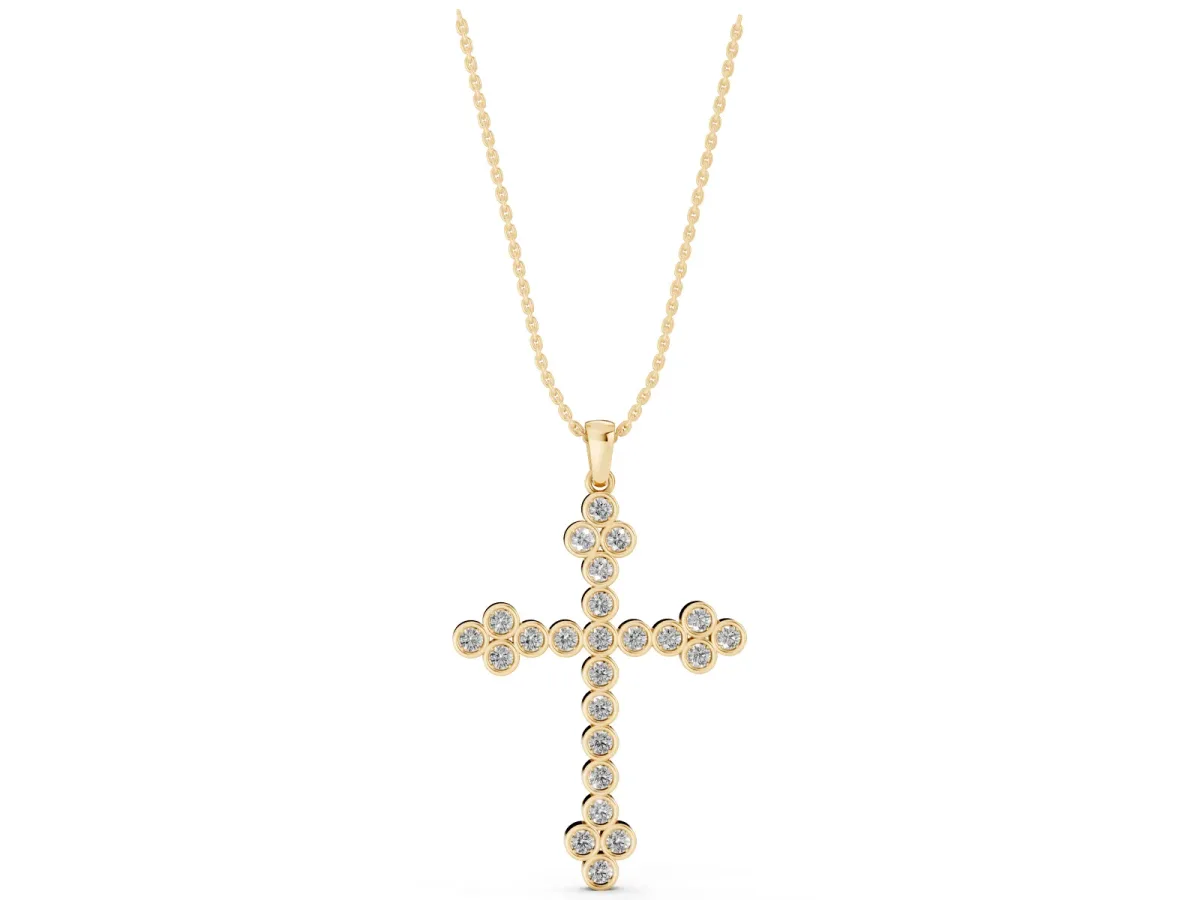 Round Diamond Bezel Set Cross Pendant Yellow gold
