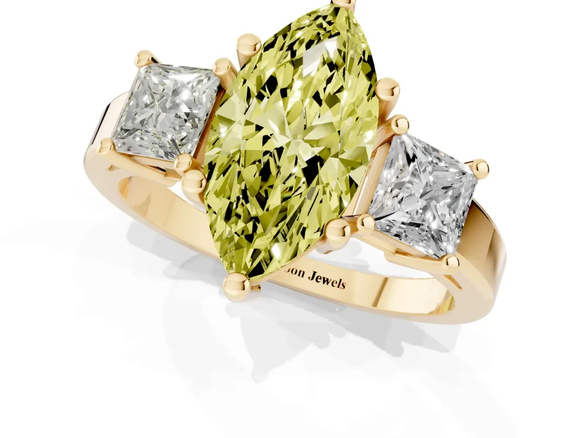 Fancy Yellow Three-Stone Marquise Cut Cut Solitaire Ring with Prong Setting Yellow gold