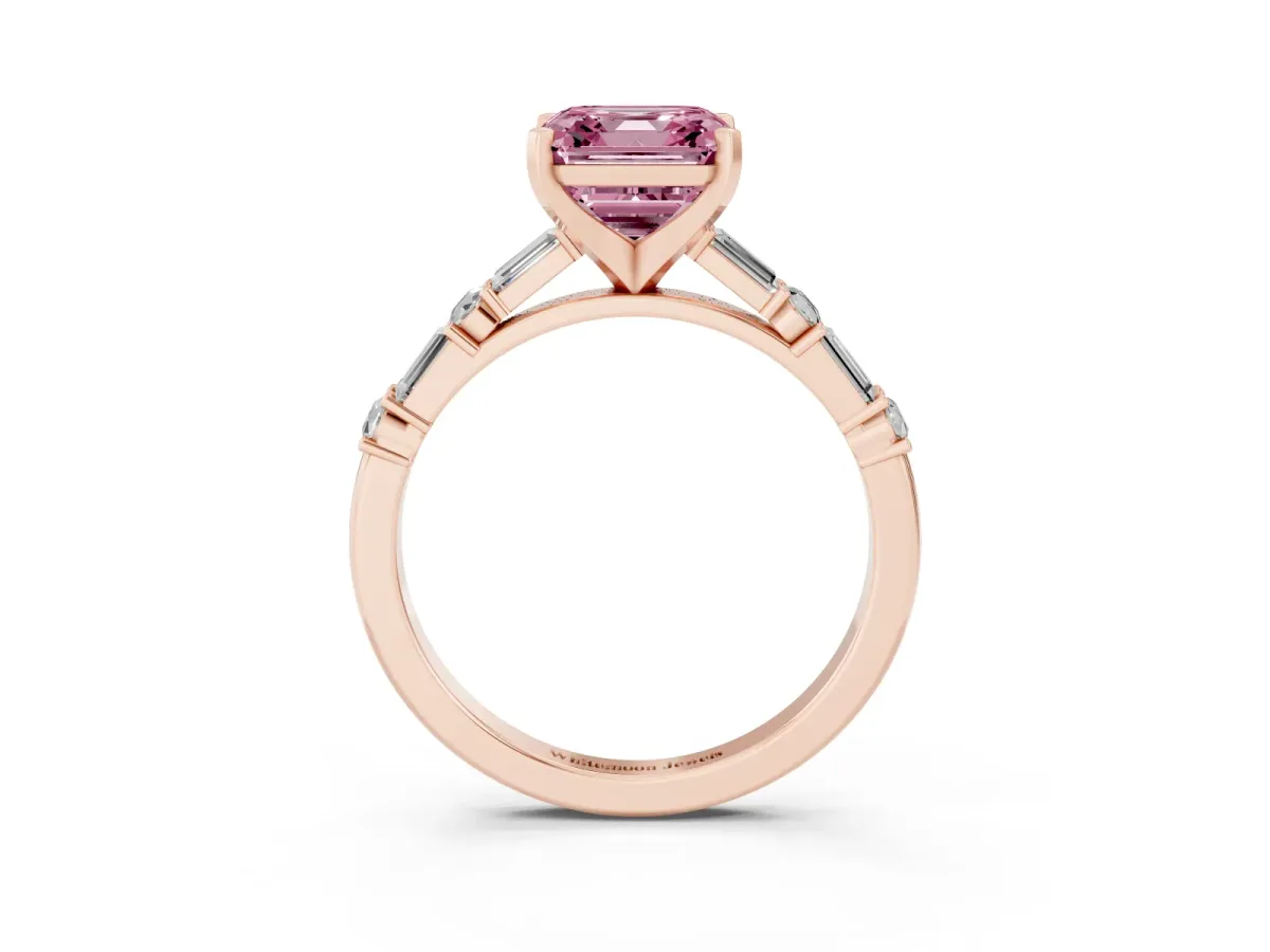 Fancy Pink Asscher Cut Diamond Solitaire with Side Baguettes and Channel Set Band Rose gold