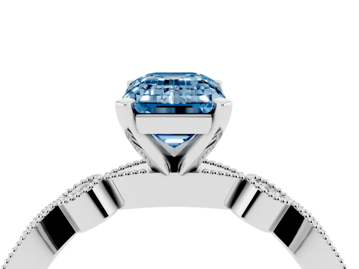 Fancy Blue Emerald Cut Milgrain Bezel Diamond Engagement Ring with Solitaire Prong Setting Silver
