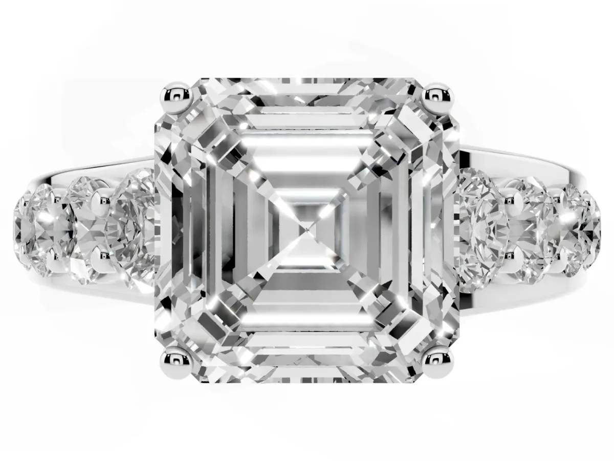 Asscher Cut Diamond Engagement Ring with Pavé Band and Four-Prong Setting Silver