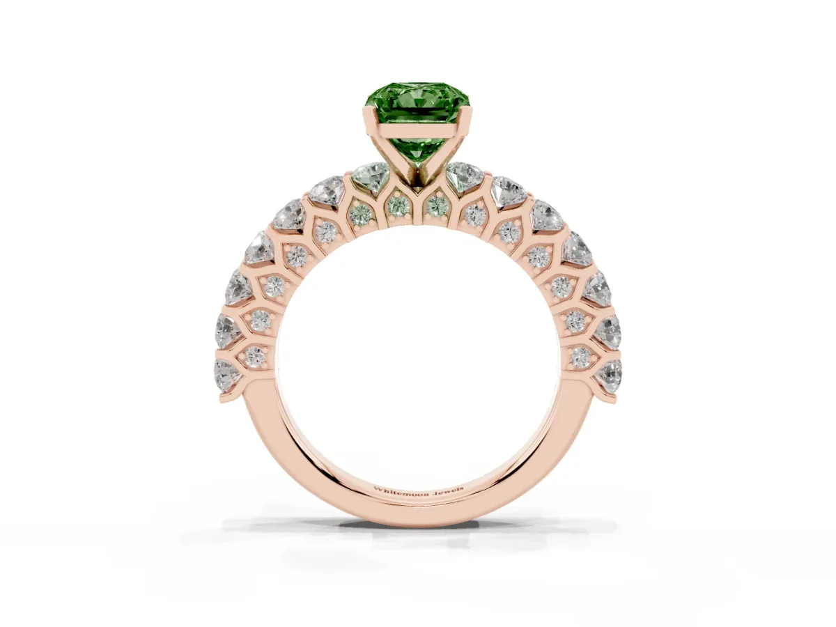 Fancy Green Radiant Cut Diamond Solitaire Ring with Shared Prong Pavé Band and Four-Prong Setting Rose gold
