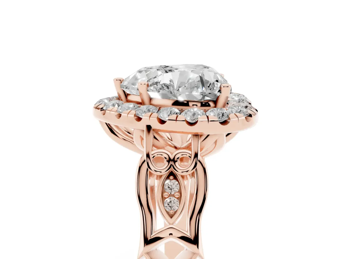Heart Cut Halo Diamond Engagement Ring with Filigree Band and Four-Prong Setting Rose gold