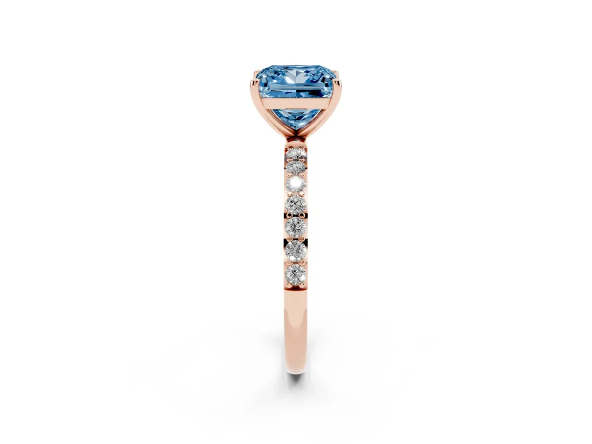 Fancy Blue Princess Cut Diamond Solitaire Ring with Round Pavé Shoulders and Prong Setting Rose gold