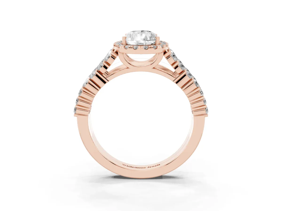 Pear Cut Diamond Halo Engagement Ring with Triple Row Round Pavé Band and Prong Setting Rose gold