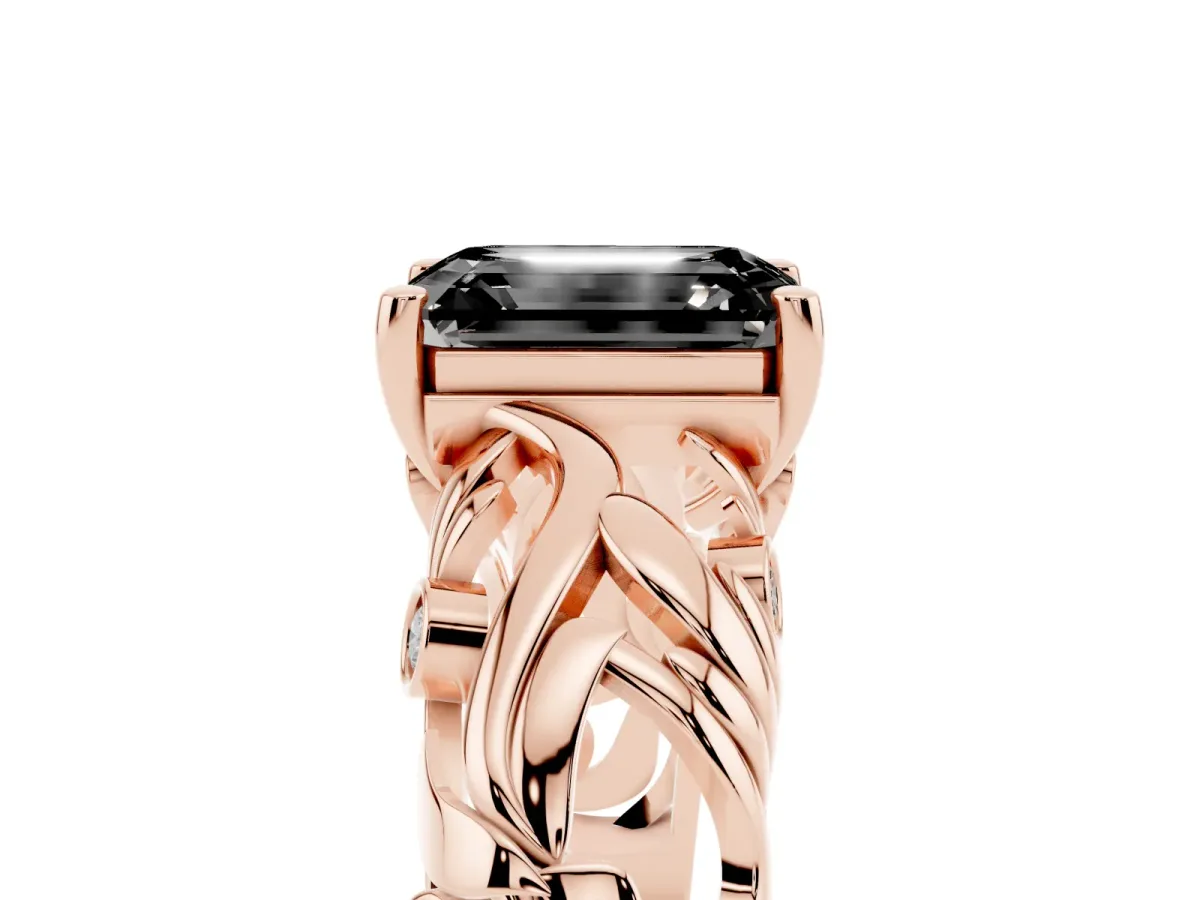 Fancy Black Emerald Cut Solitaire Diamond Leaf-Inspired Vine Band Ring with Prong Setting Rose gold
