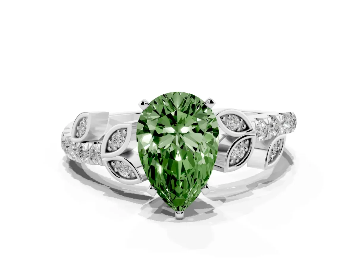 Fancy Green Pear Cut Solitaire Leaf-Inspired Diamond Ring with Pavé Band and Four-Prong Setting Silver
