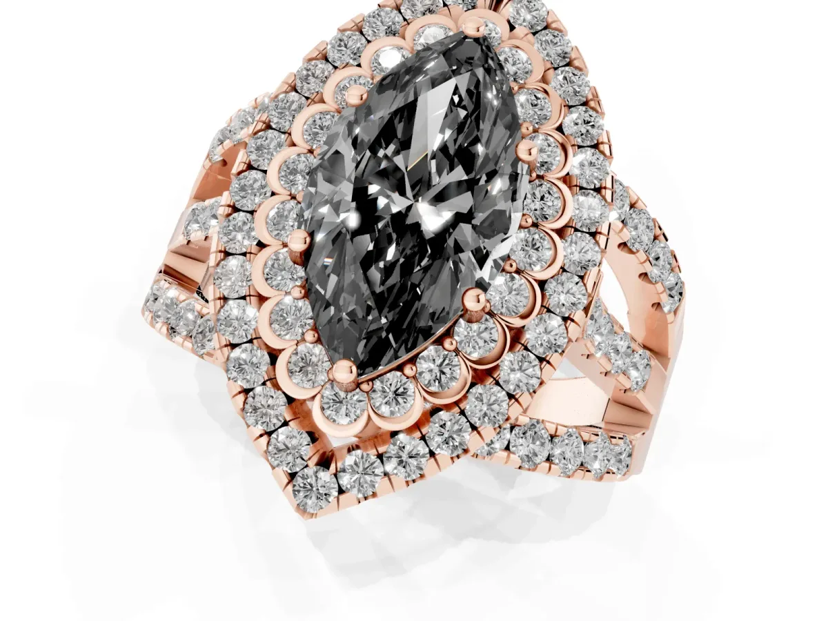 Fancy Black Marquise Cut Diamond Double Halo Ring with Round Pavé Split Shank and Prong Setting Rose gold