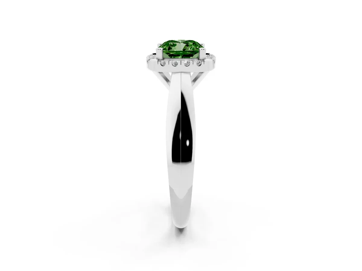 Fancy Green Cushion Cut Cut Halo Solitaire Engagement Ring with Square Band and Four-Prong Setting White gold