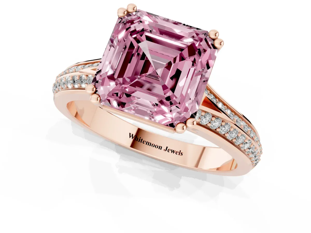 Fancy Pink Asscher Cut Diamond Split Shank Engagement Ring with Pavé Band Rose gold
