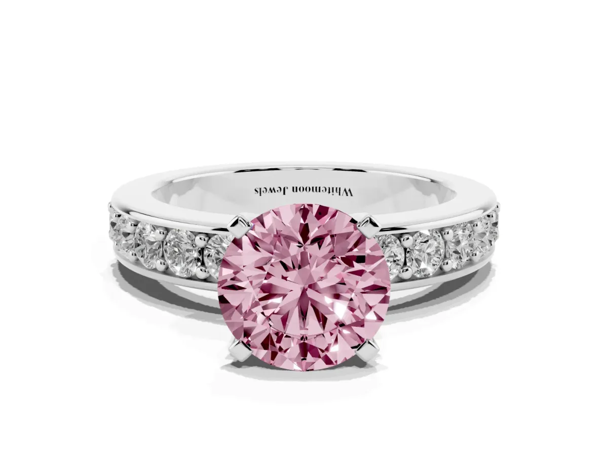 Fancy Pink Round Cut Diamond Engagement Ring with Channel Set Round Band and Prong Setting Silver