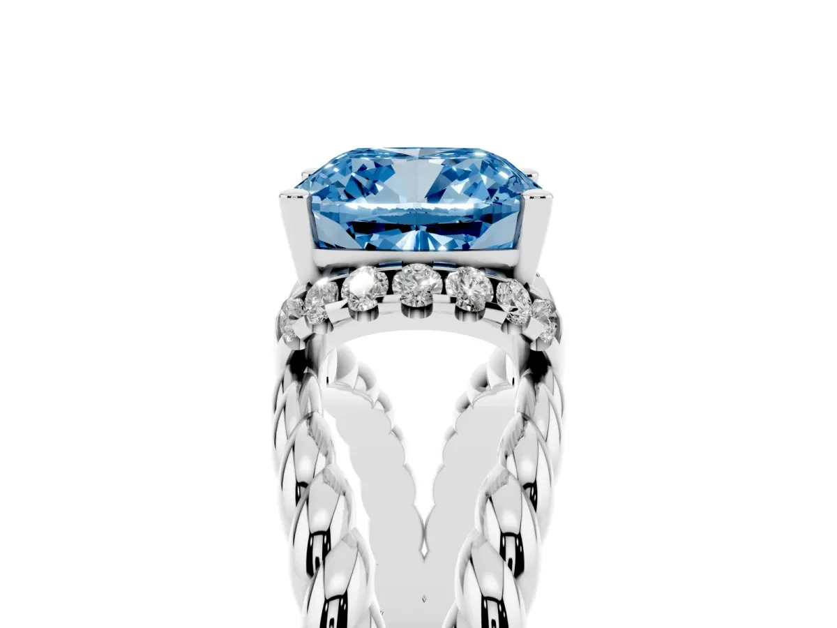 Fancy Blue Cushion Cut Halo Twisted Band Four-Prong Ring Silver