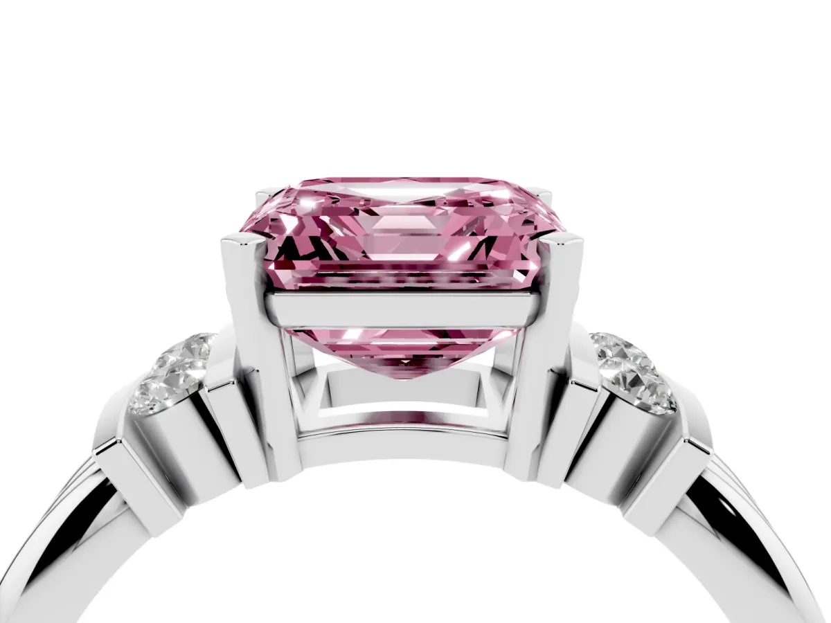 Fancy Pink Asscher Cut Cut Three-Stone Channel Set Ring with Bar Prongs Silver
