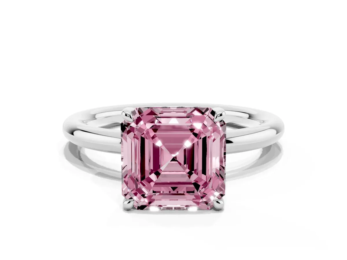 Fancy Pink Asscher Cut Diamond Solitaire Ring with Thin Band and Four-Prong Setting Silver