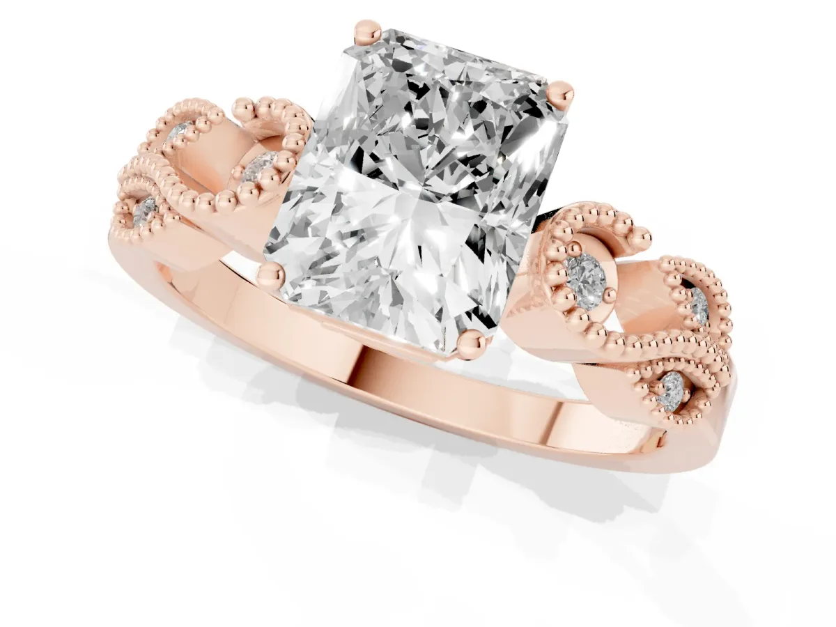 Radiant Cut Solitaire Milgrain Leaf Band with Prong Setting Rose gold