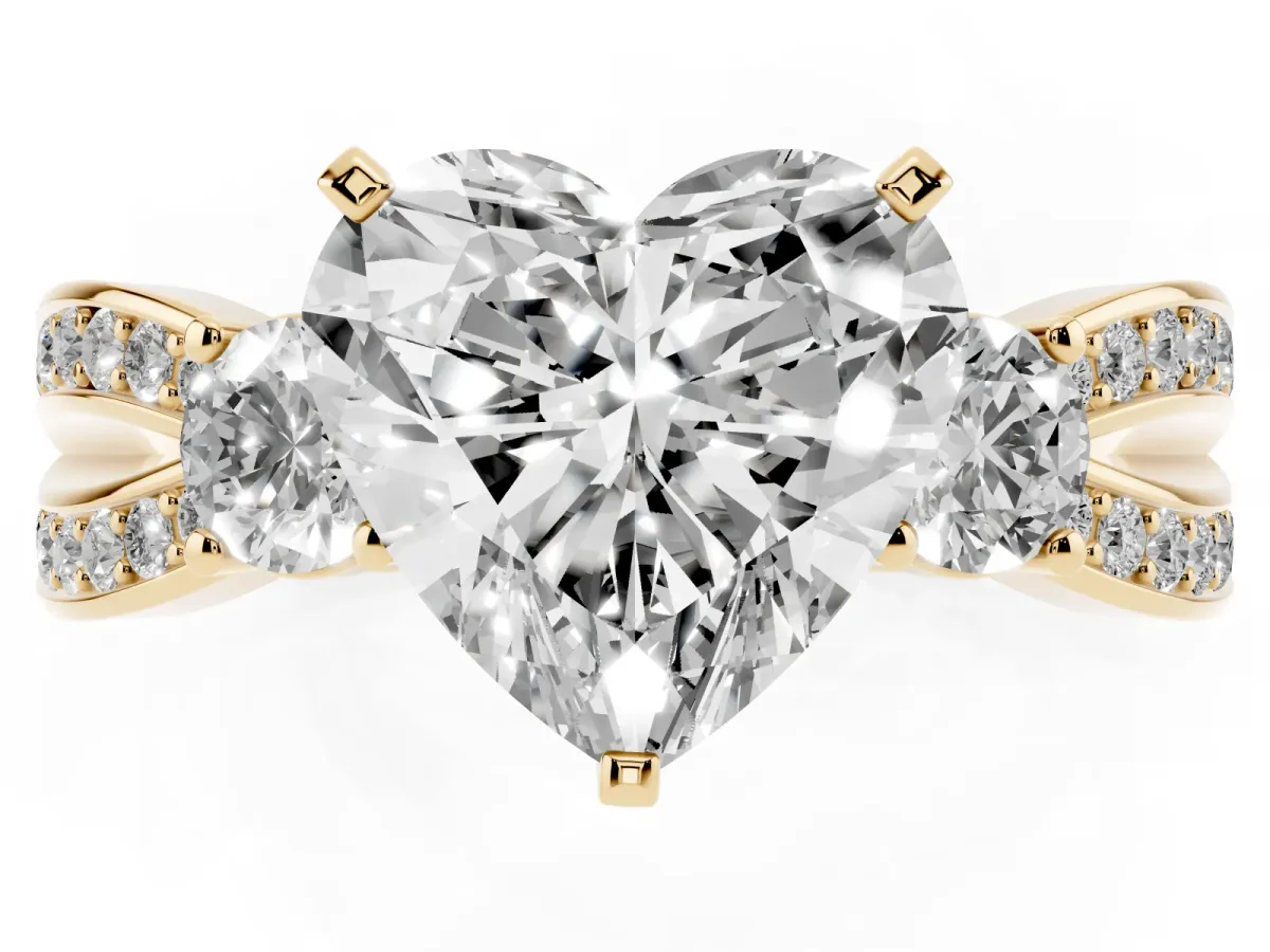 Three-Stone Heart Cut Cut Diamond Twist Band with Prong Setting Yellow gold