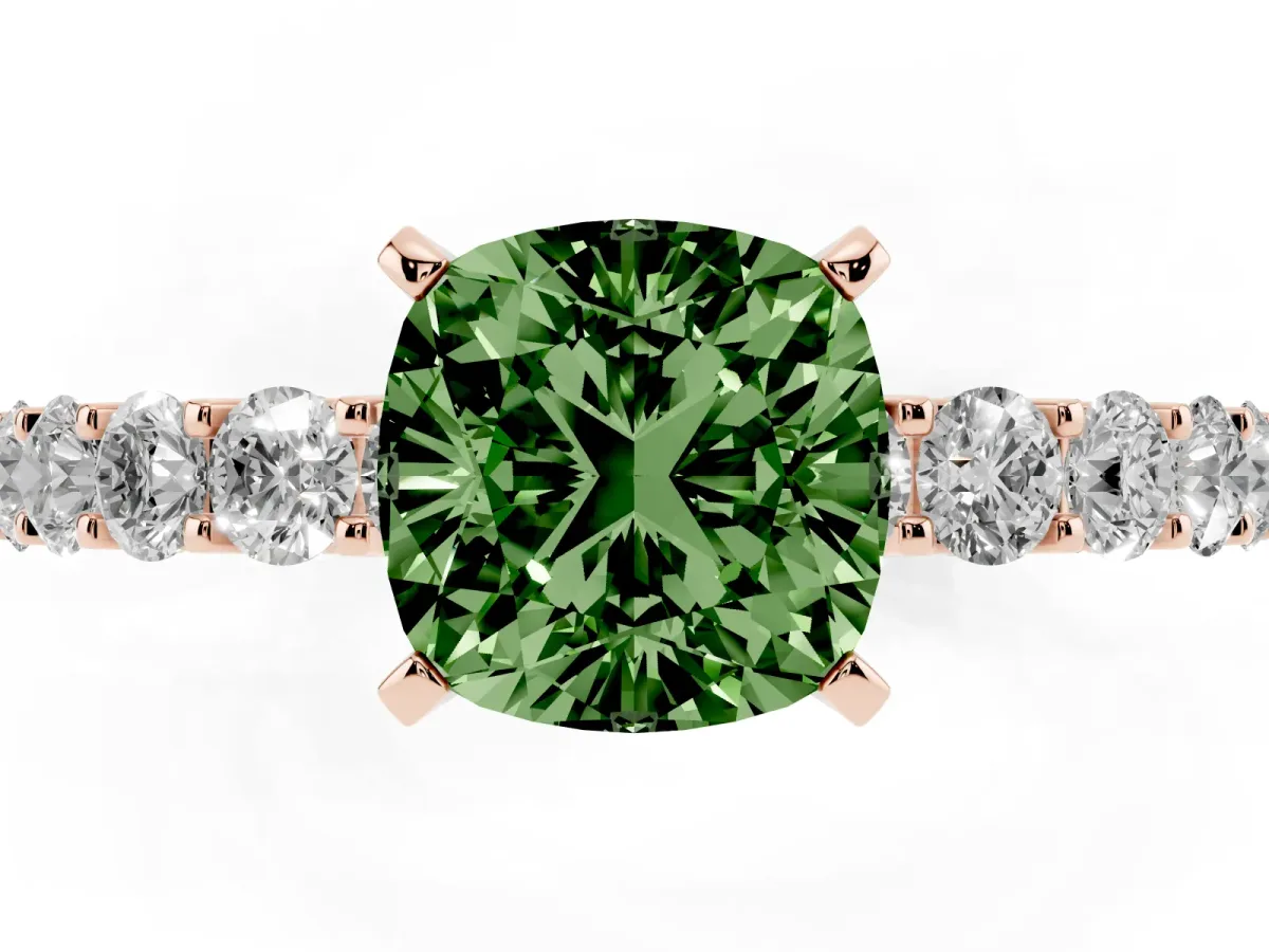 Fancy Green Cushion Cut Diamond Solitaire Ring with Shared Prong Pavé Band and Four-Prong Setting Rose gold